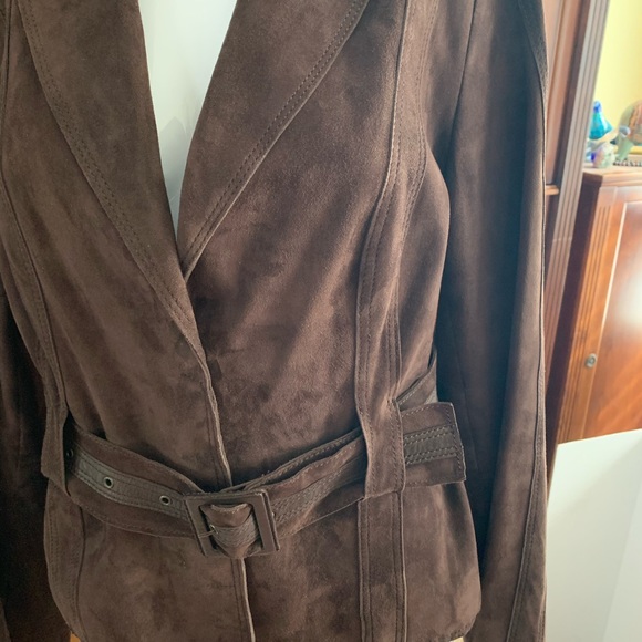 DESA cocoa brown real Suede Leather Blazer jacket suede belt snap closure US L - Picture 10 of 16